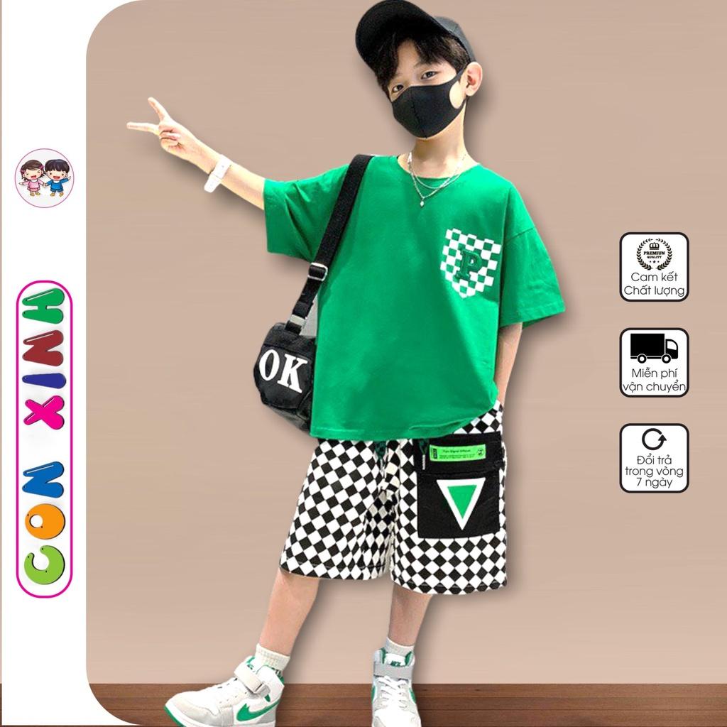 Bộ đồ bé trai Con Xinh cotton hình in túi CARO-P, thời trang dành cho trẻ em từ 4 đến 10 tuổi