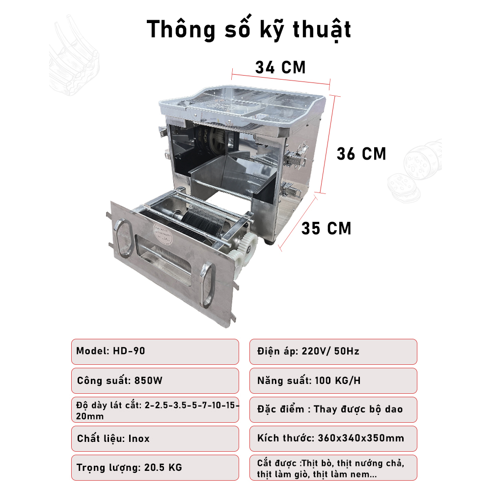 Máy thái thịt ABG HD-90 Công suất 850W, inox dày dặn, không oxy hóa, gỉ sét, motor lõi đồng nguyên chất bền bỉ