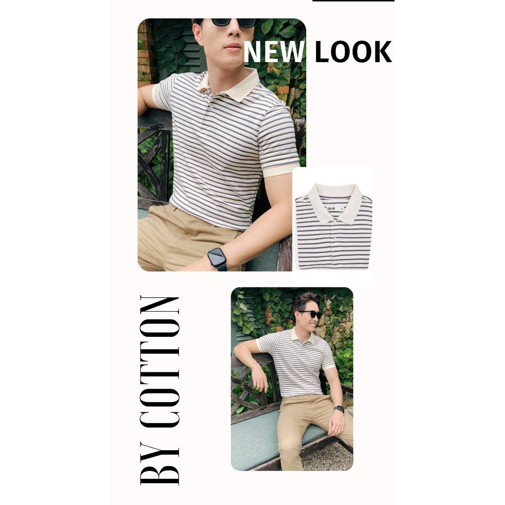 Áo Thun Polo Nam Cổ Bẻ Kem Phối Sọc Nhỏ Xanh Dương BY COTTON Navy Cream Mini Stripes Polo