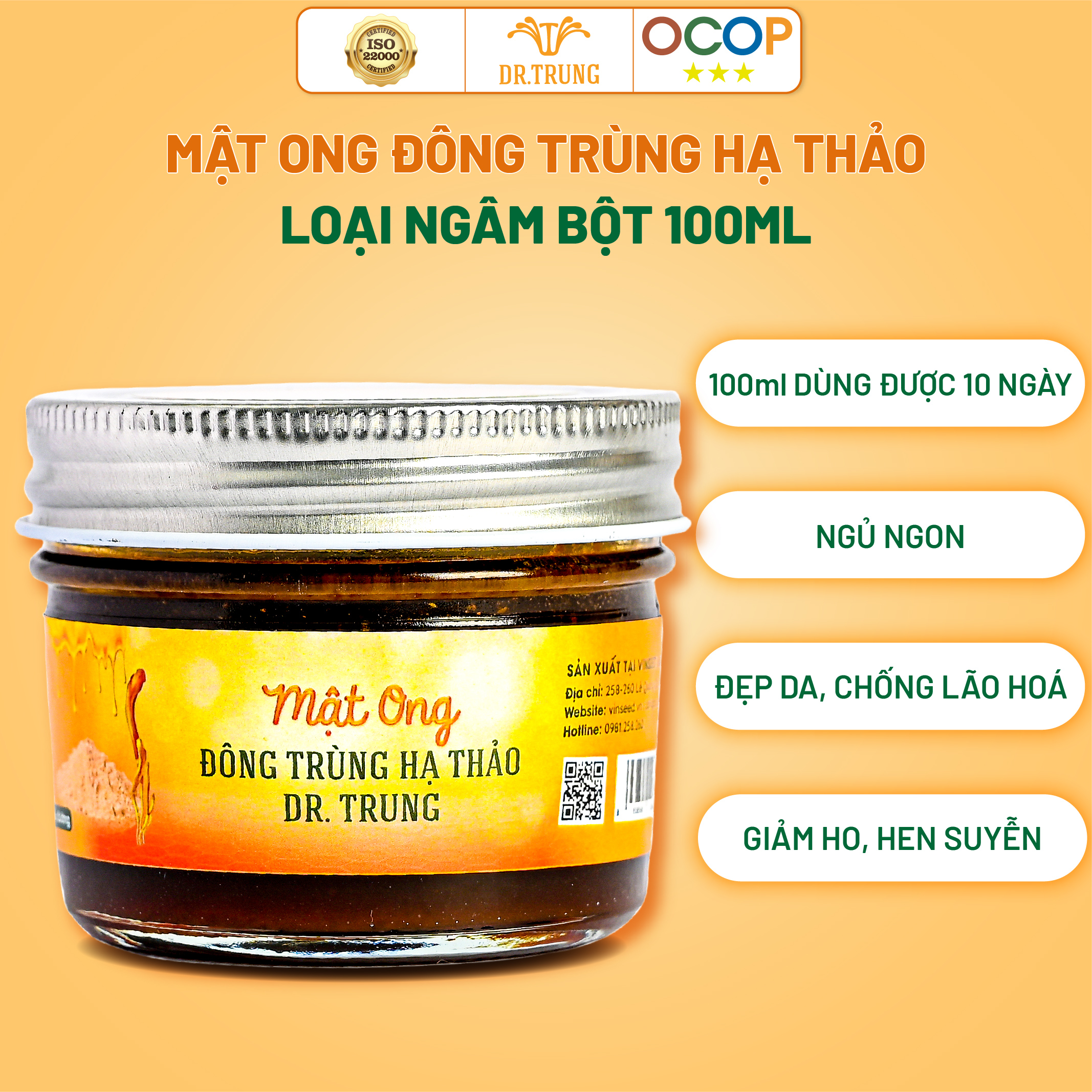 Mật ong Đông trùng hạ thảo Dr. Trung - Loại Ngâm Bột - Thơm ngon dễ sử dụng, hỗ trợ giảm ho, hen suyễn và cải thiện giấc ngủ, trẻ hóa làn da, ngăn ngừa lão hóa