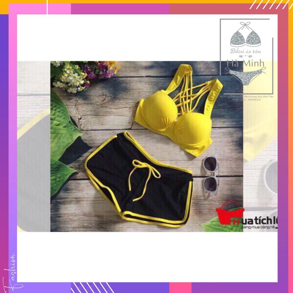 Bikini, Đồ Bơi Hai Mảnh Gọng Vàng Quần Đùi Đen Viền Vàng Secxy AG059