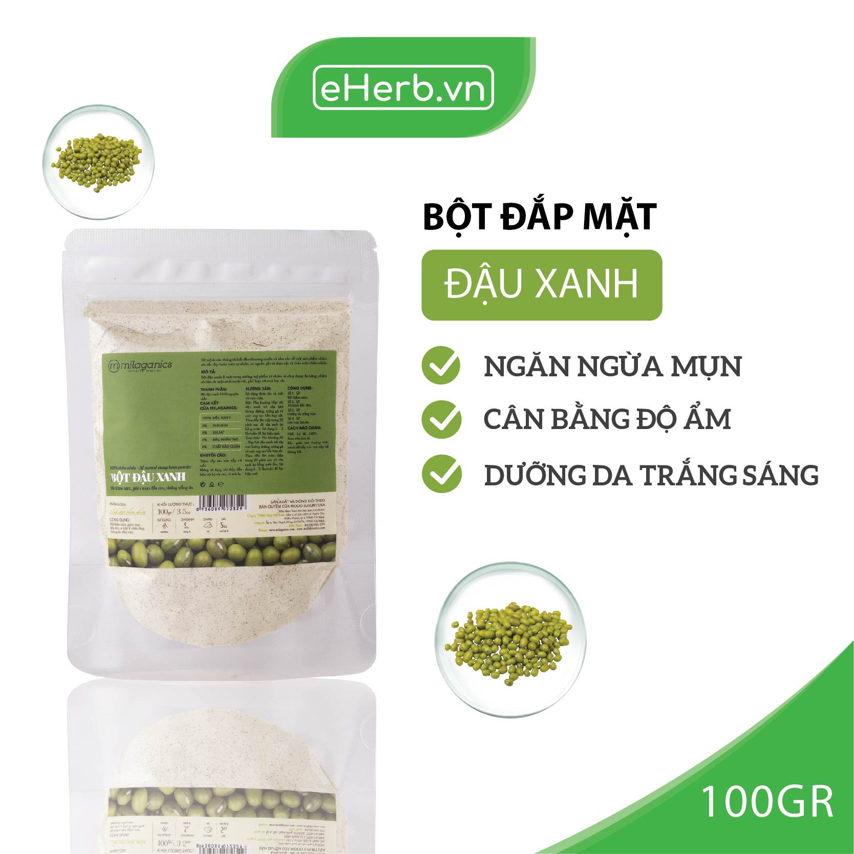 Bột Đậu Xanh Nguyên Chất Đắp Mặt Nạ Dưỡng Da Trắng Sáng, Ngăn Ngừa Mụn MILAGANICS 100g (Túi Zip)