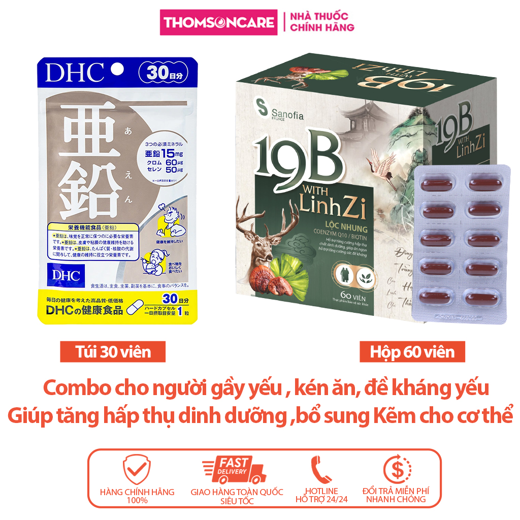 Combo Viên uống Kẽm DHC 30 viên và Vitamin 19B 60 viên combo liệu trình 1 tháng - Giúp tăng hấp thụ dinh dưỡng , ăn ngon tăng đề kháng và bổ sung vitamin, kẽm  cần thiết cho cơ thể