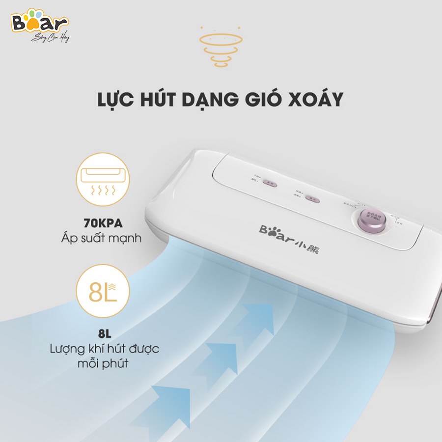 [Hàng Chính Hãng]Máy hút chân không thực phẩm Bear VS-B01V1 màu trắng công suất 130W. Lực hút mạnh, áp suất 70KPA, hút được 8L/phút. Từ đó, thực phẩm sẽ được bảo quản lên đến 2 tuần trong ngăn mát - 2 tháng trong ngăn đông đá