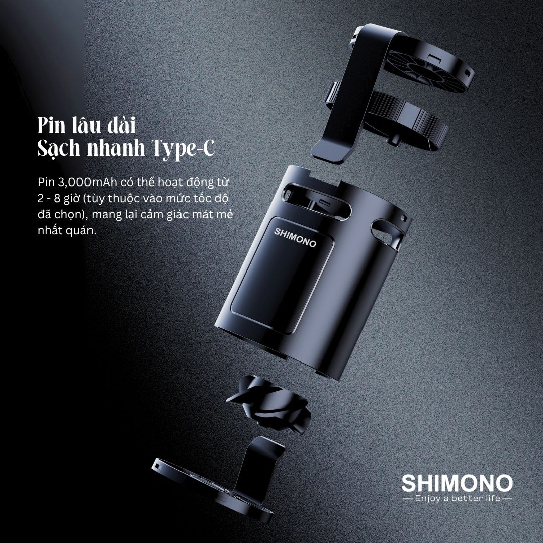 Quạt Kẹp Thắt Lưng SHIMONO SM-WF38 Pin 3000mAh, Siêu Nhẹ Phù Hợp dùng Ngoài Trời, Bảo Hành 12 tháng Hàng Chính Hãng