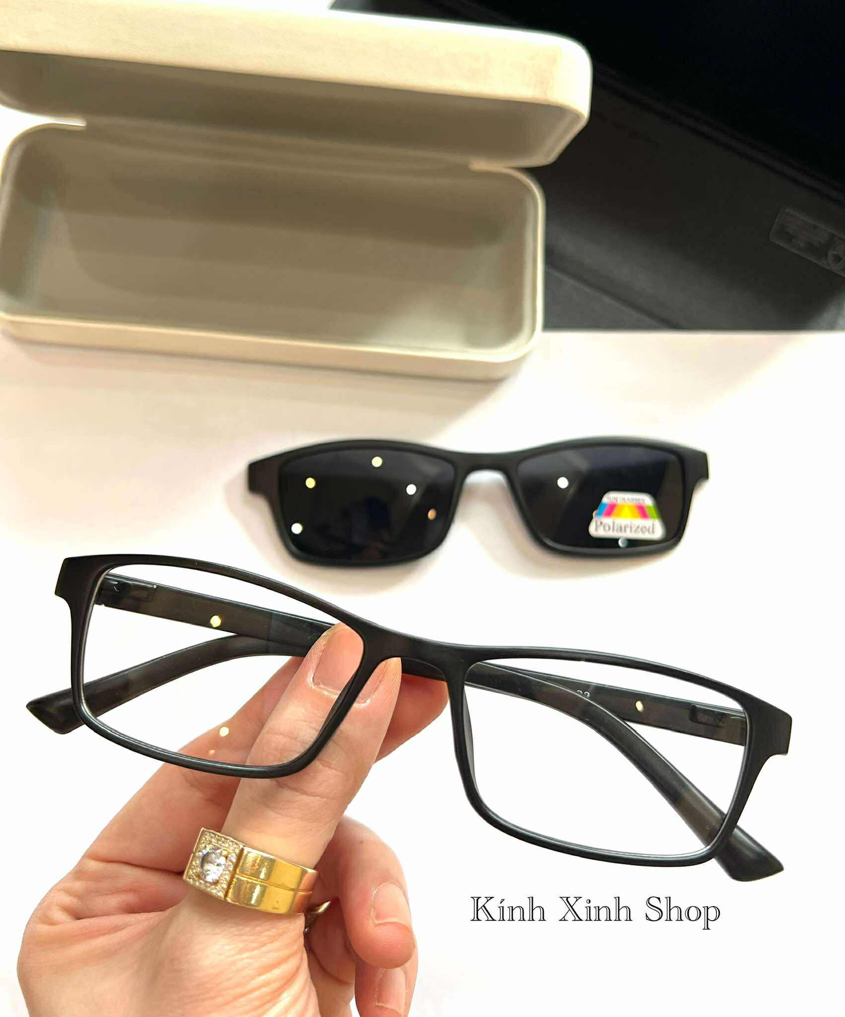 Kính Cận Râm Clip On, Gọng Kính Cận Mắt Vuông nhỏ 2in1 Gọng Nhựa Đen Ultem