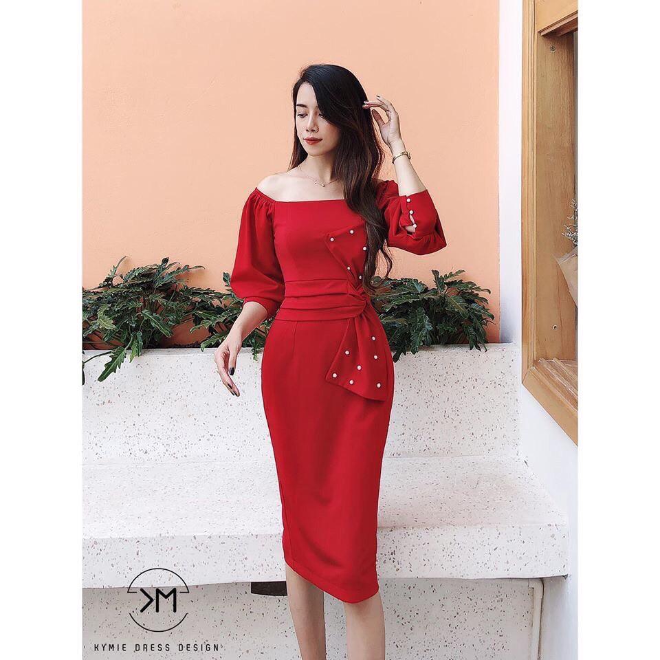 Đầm body tay lửng kết hạt eo nơ xinh yêu