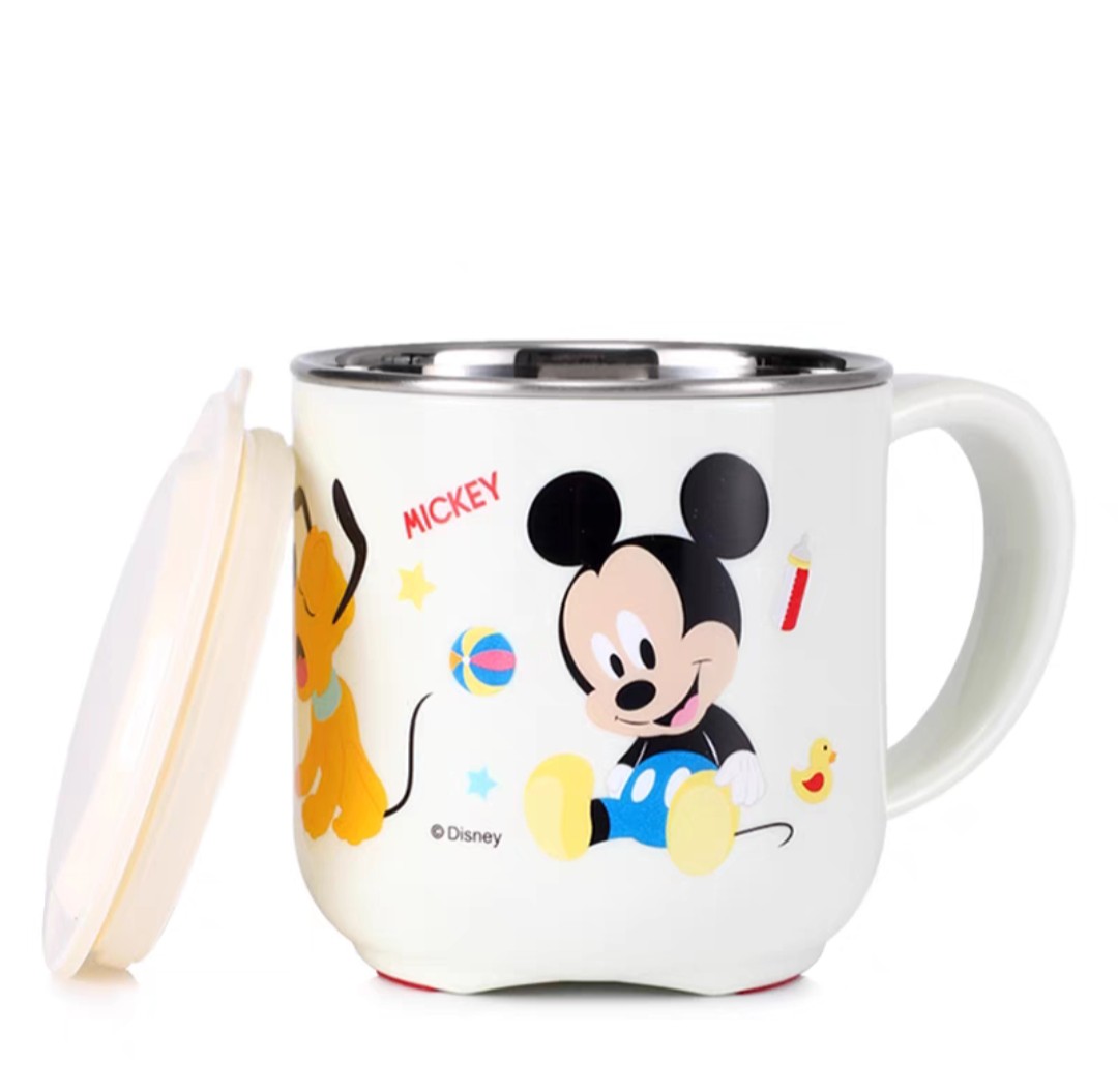 Ly cốc giữ nhiệt Disney in hình chuột Mickey Minnie Mouse màu trắng có nắp và quai cầm cho bé - 260ml