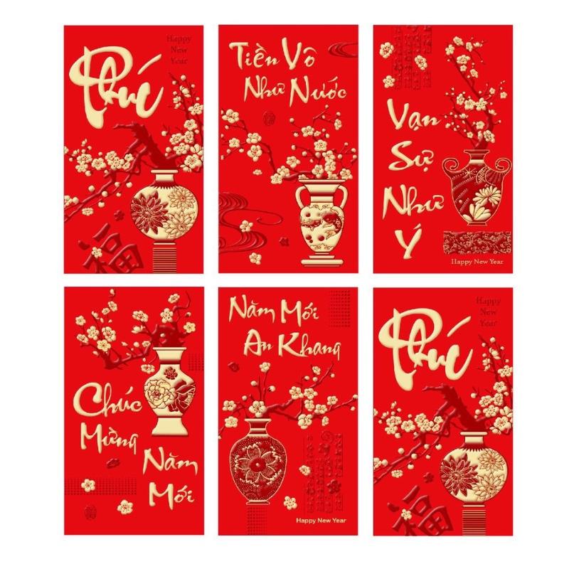 Set 6 phong bao lì xì tết đỏ thắm, chất đẹp, phong cách truyền thống