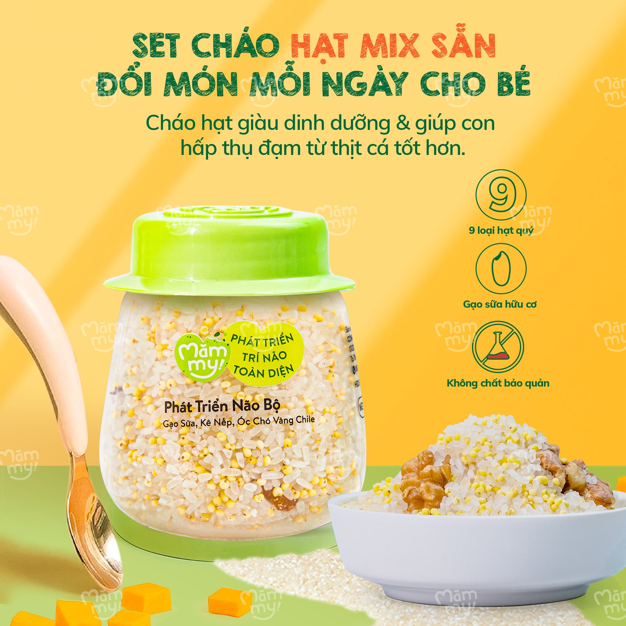 Hạt mix Mămmy cho bé ăn dặm phát triển não bộ trên 6 tháng gạo sữa, kê nếp và nhân óc chó chile, hũ 135g