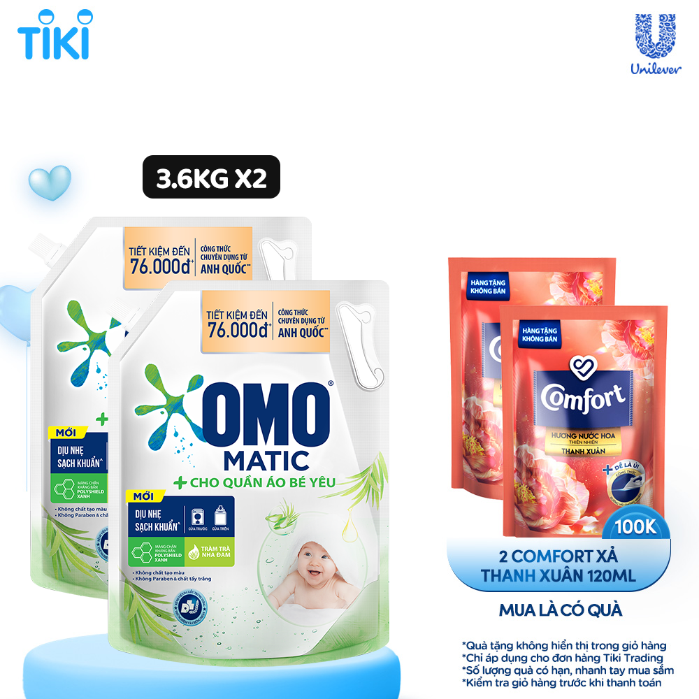 Combo 2 TúI Nước Giặt Omo Matic Cho Quần Áo Bé Yêu Chiết Xuất Tràm Trà Và Nha Đam Dịu Nhẹ, Sạsh Khuẩn , túi 3.6Kg + 2 Nước Xả Comfort 120ml Ngẫu Nhiên