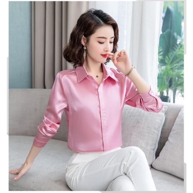 Áo Sơ Mi Nữ Công Sở Màu Hồng Cổ Đức CHIPY Kiểu Hàn Quốc Vintage Ulzzang Form Rộng Dài Tay Đẹp Chất Lụa Cao Cấp A2V