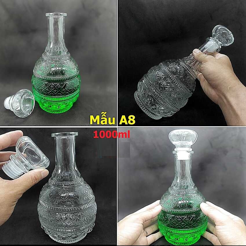 Chai Thủy Tinh đựng Rượu cao cấp 1000ML TRỤ TRÒN họa tiết THÁP PHẬT nổi – Vỏ Chai rượu 1 lít, bình rượu thủy tinh siêu trong