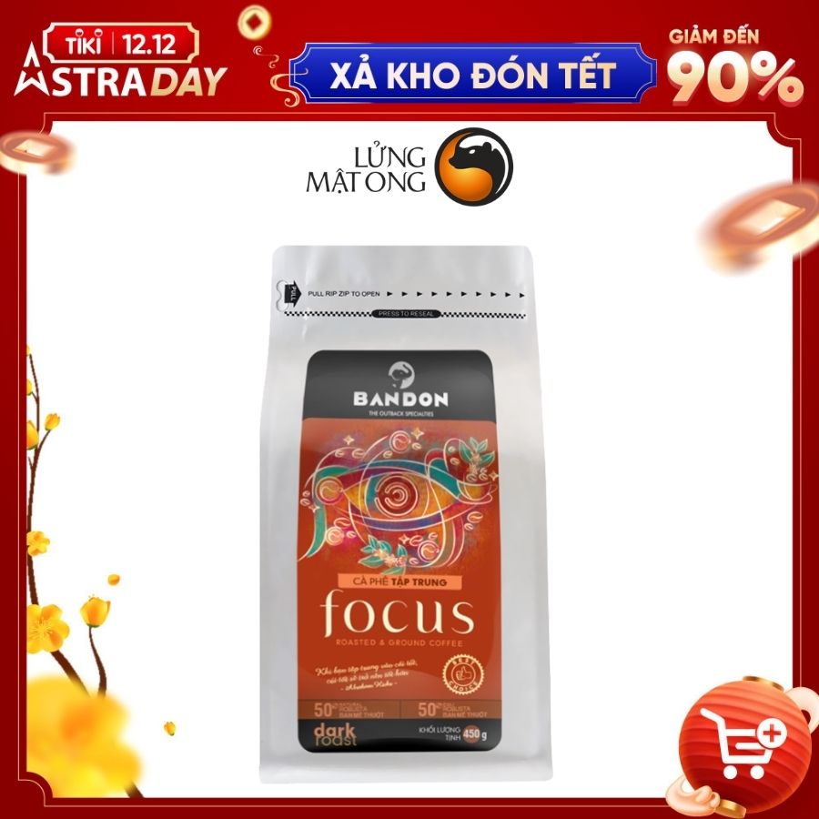 Cà phê phin nguyên chất rang xay mộc sạch BANDON FOCUS 450g đắng đậm, thơm nồng - Cà phê đặc sản (50% Robusta Natural, 50% Robusta Buôn Ma Thuột Culi)