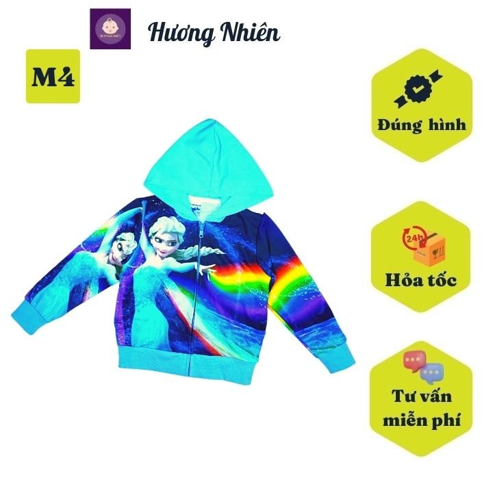 Áo khoác bé gái hình elsa từ 10-43kg. Ao chống nắng chất liệu thun da cá thấm hút mồ hôi