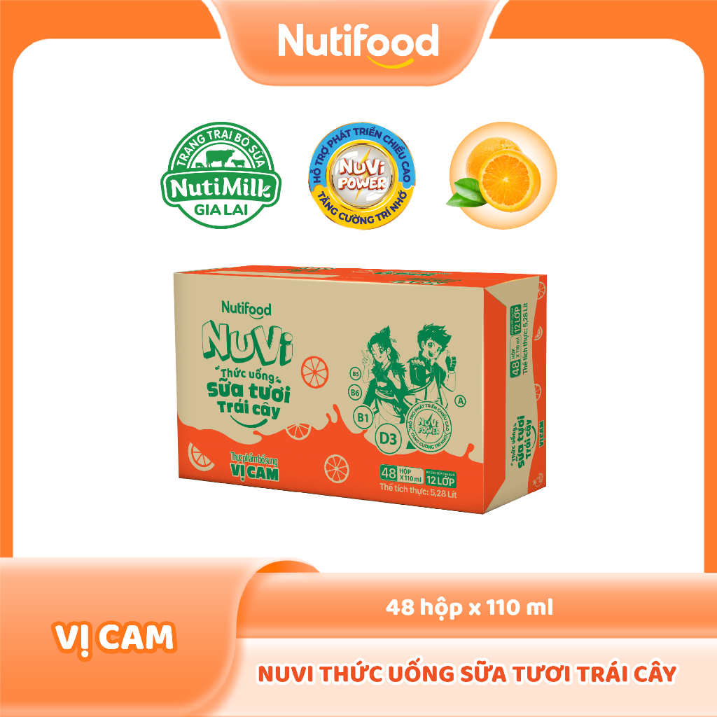 Thùng 48 hộp Thức Uống Sữa Tươi Trái Cây Tươi Nuvi Vị Cam 110ml - Tăng Cường Chiều Cao, Phát Triển Trí Não