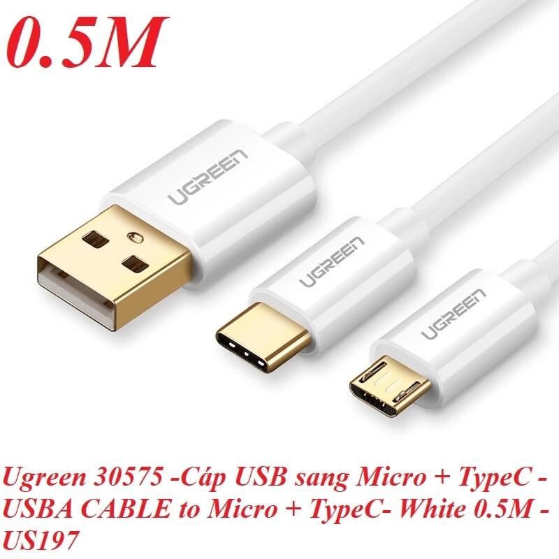 Ugreen UG30575US197TK 0.5M màu Trắng Cáp USB-A sang Micro USB + USB-C cao cấp - HÀNG CHÍNH HÃNG