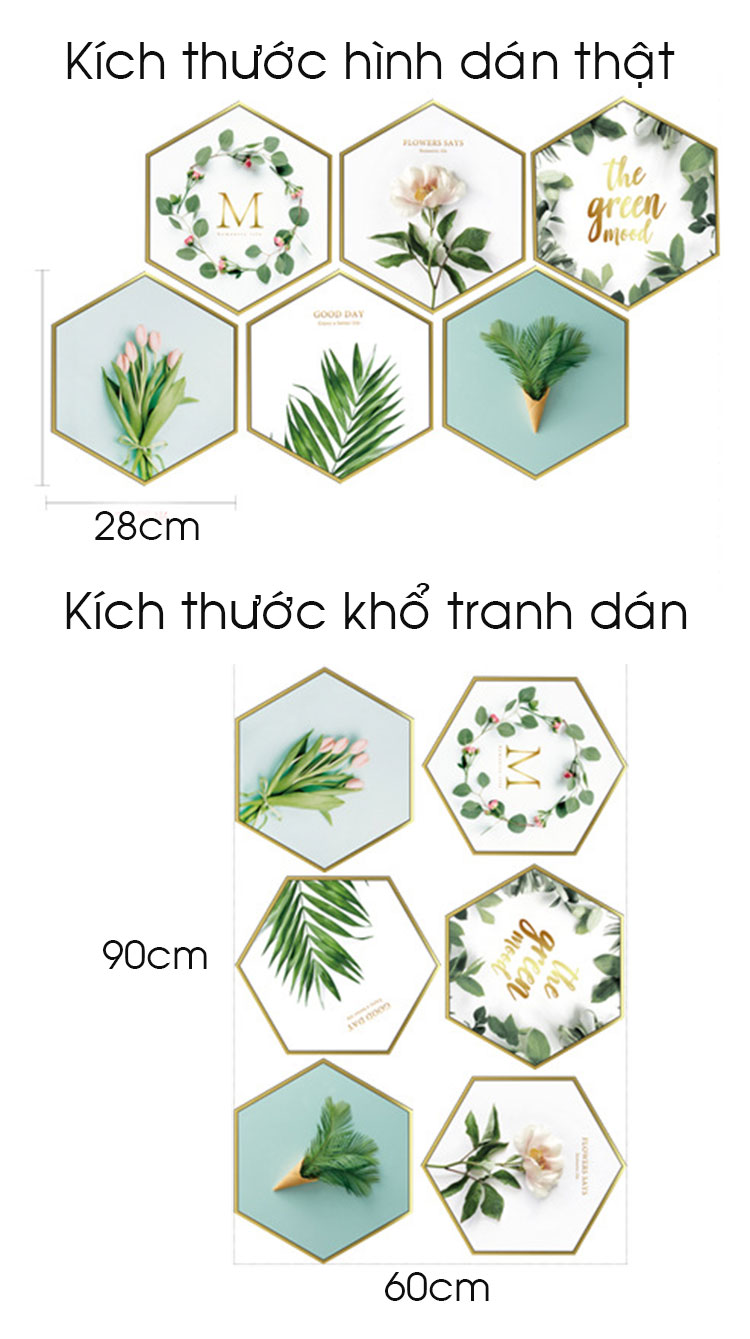 Decal 6 khung hình lục giác lá xanh ghép A188