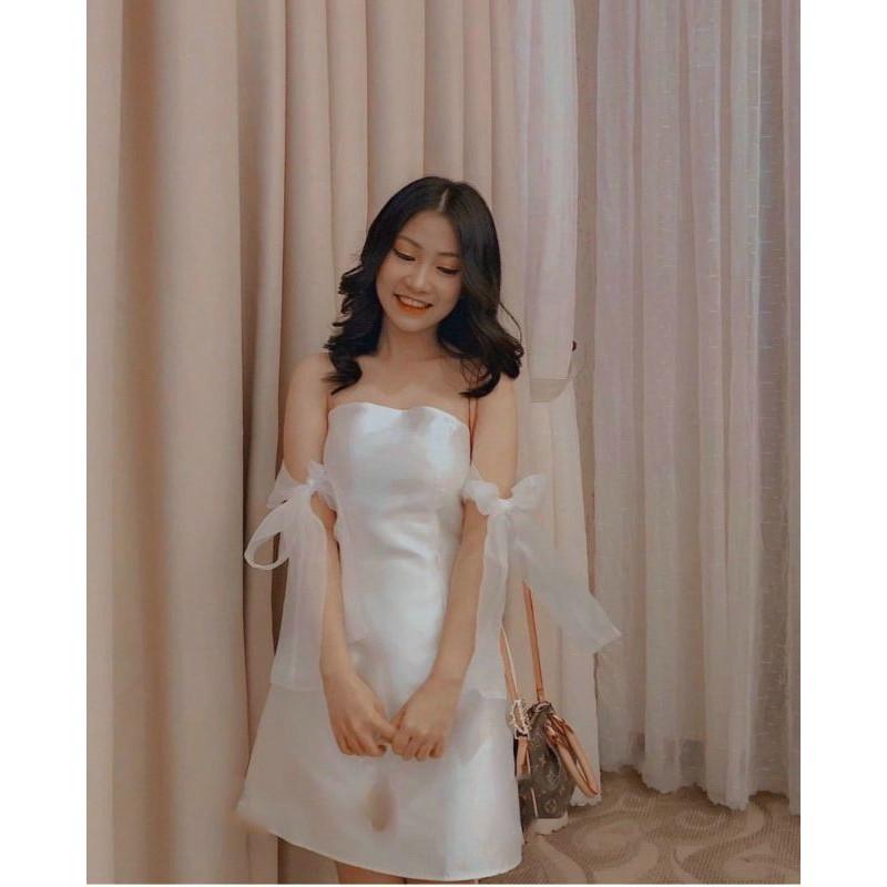 ĐẦM TRẮNG TRỄ VAI CÚP NGỰC TAY VOAN NƠ