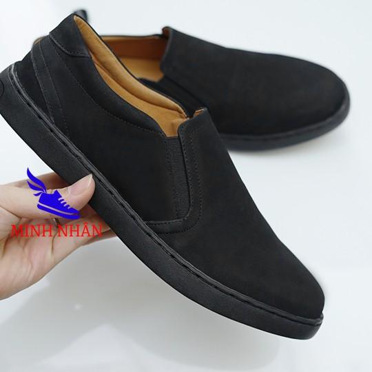 Giày lười giày nam da bò BẢO HÀNH 1 NĂM Giày da lộn nguyên tấm Giày Slip on da bò đế bệt S-22 màu đen và xám