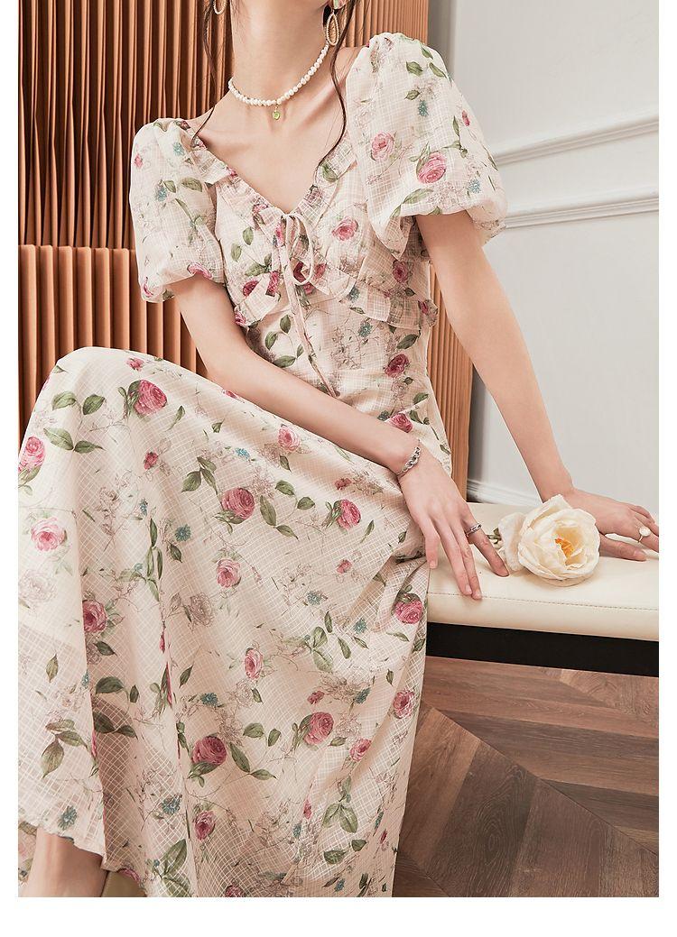 TOBE1SHOP Hiện tại giây phát trà nghỉ kiểu Pháp váy mùa hè khí chất nhỏ nhắn hoa v cổ siêu tiên tuyệt đẹp váy dài nữ