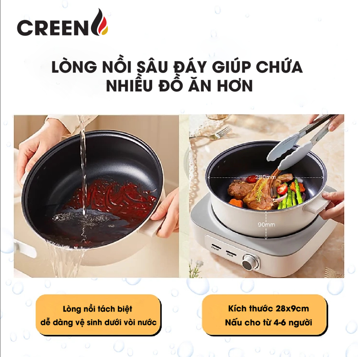 Nồi Lẩu Điện Đa Năng 5L CREEN CR-HP05 Thiết Kế Tháo Rời Độc Đáo, 1500W Bảo Hành 12 Tháng - Hàng Chính Hãng