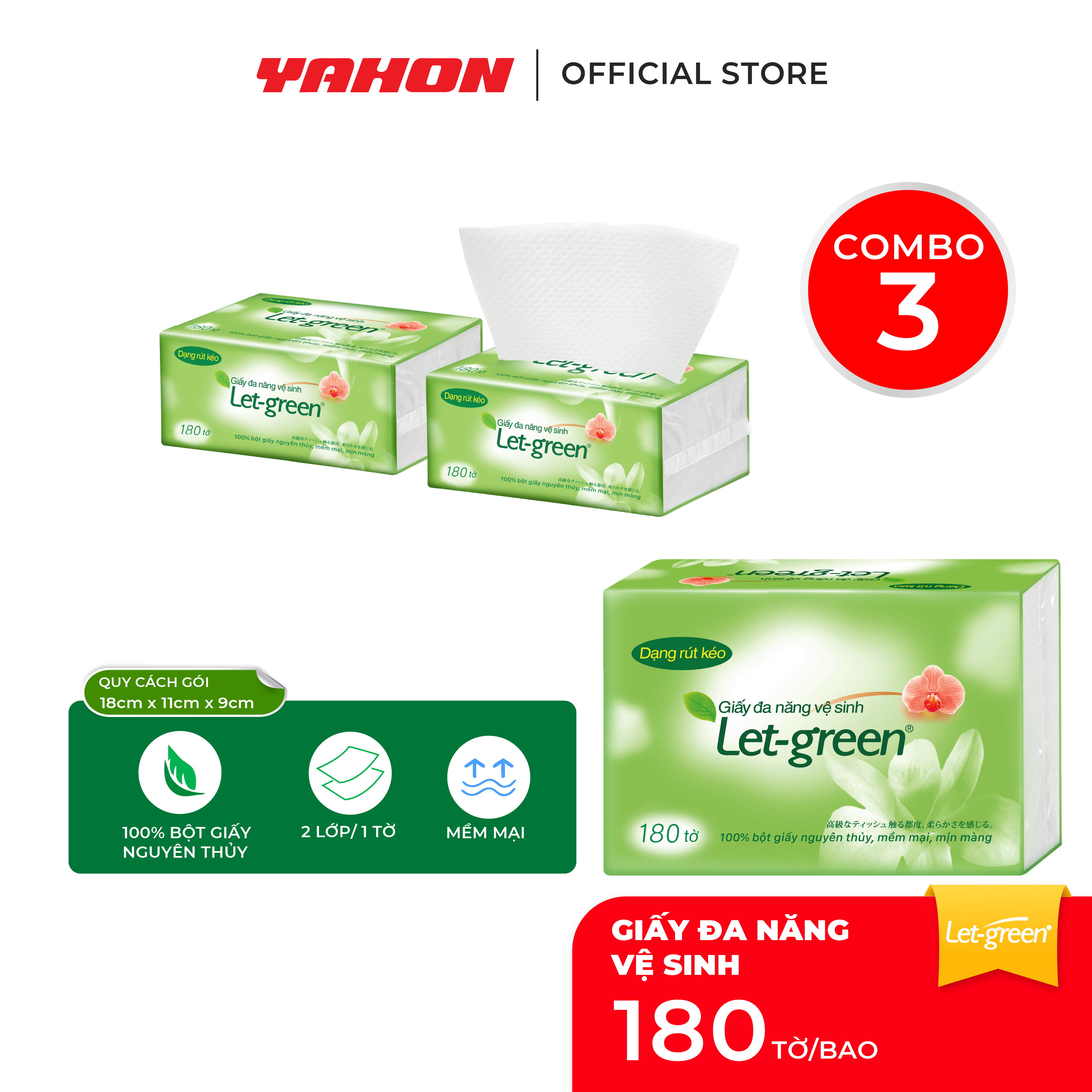 Combo Bao Khăn Giấy Vệ Sinh Đa Năng LET-GREEN 18*21cm, 180 Tờ/Bao