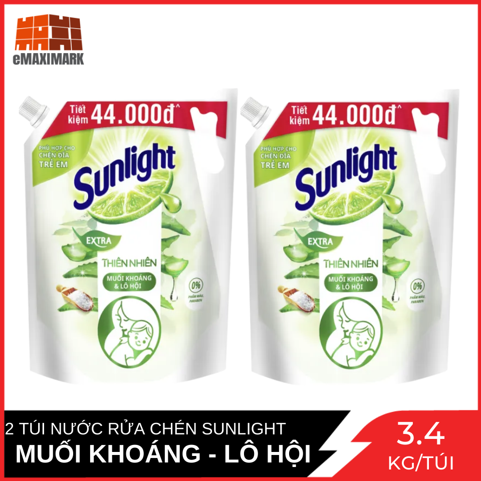 Combo 2 Túi Khổng Lồ Nước rửa chén Sunlight Thiên Nhiên Muối Khoáng và Lô Hội Túi 3.4 Kg x2