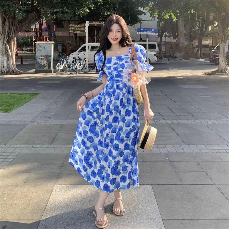 DONGSHOP Mùa hè nữ trang cao cấp Hàn Quốc phong cách Pháp mối tình đầu màu cam cuống mềm Klein màu xanh hoa đầm dài