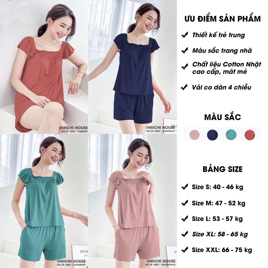 Combo 2 Bộ Mặc Nhà Nữ Cổ Vuông Chất Cotton Nhật Mềm Mại, Set Đồ Bộ Nữ Đồ Ngủ Mặc Nhà Cardina , SB01 - Michi House