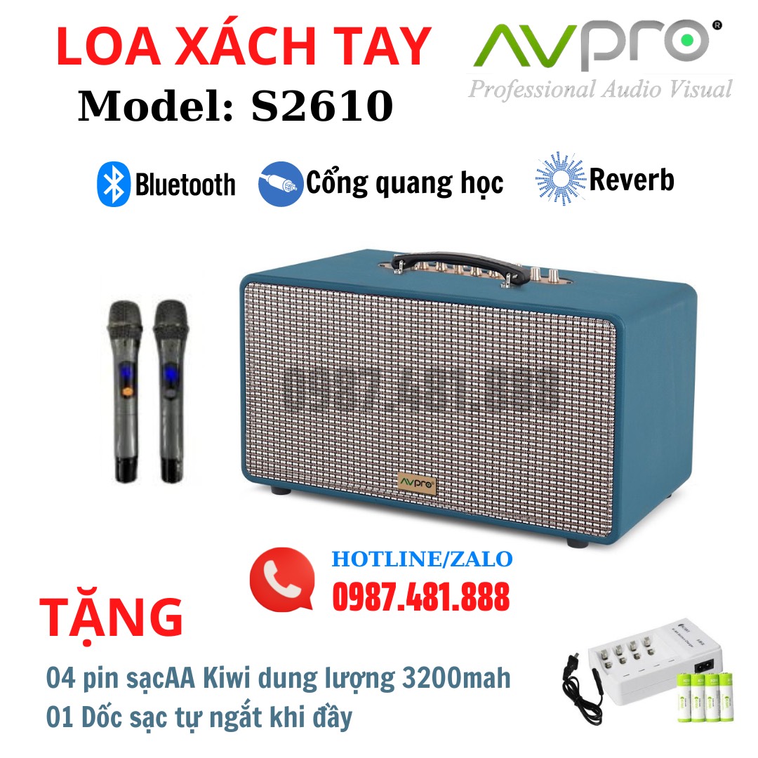 Loa xách tay cao cấp AVPRO S2610 - Kèm 2 micro không dây, hát hay, có reverb, cổng quang học, cổng HDMI, Bluetooth   5.0 - Tặng bộ pin sạc - Hàng chính hãng