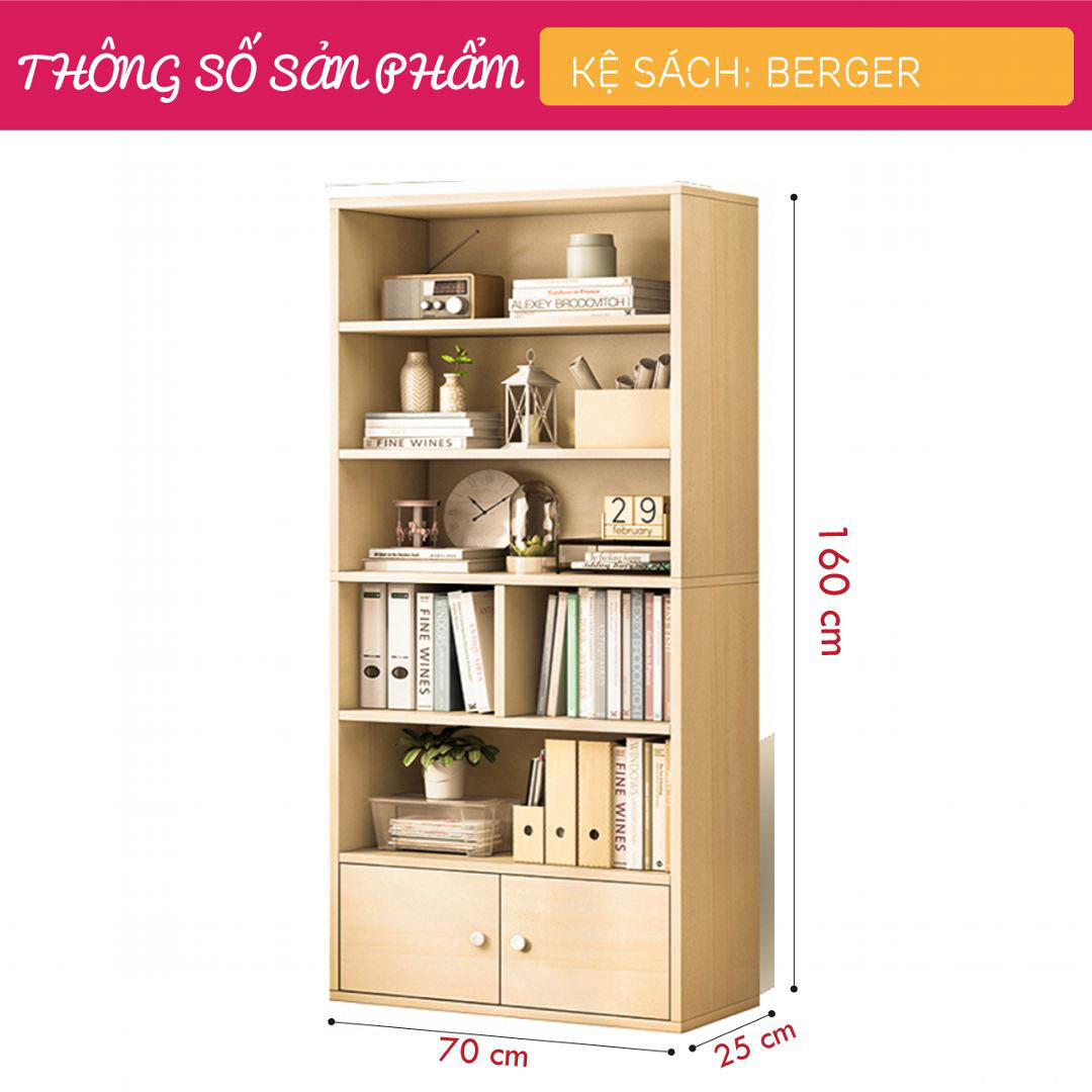 Kệ sách, kệ trang trí gỗ hiện đại SMLIFE Berger  | Gỗ MDF dày 17mm chống ẩm | D70xR25xC160cm