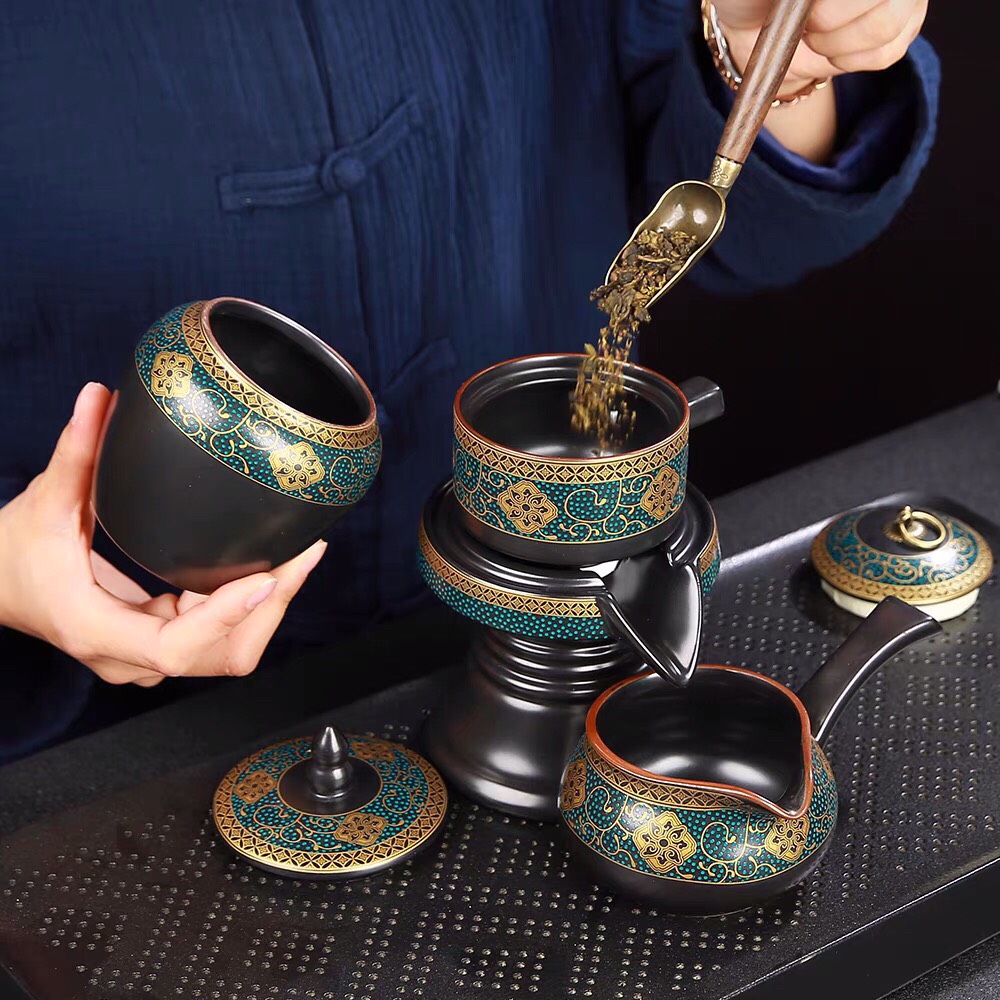 Bộ ấm chén uống trà đẹp sang trọng cối xay Tử sa gốm sứ cao cấp,phong cách pha trà đạo cổ xưa độc lạ 19 chi tiết hoa cẩm vần cổ lòng chén trắng