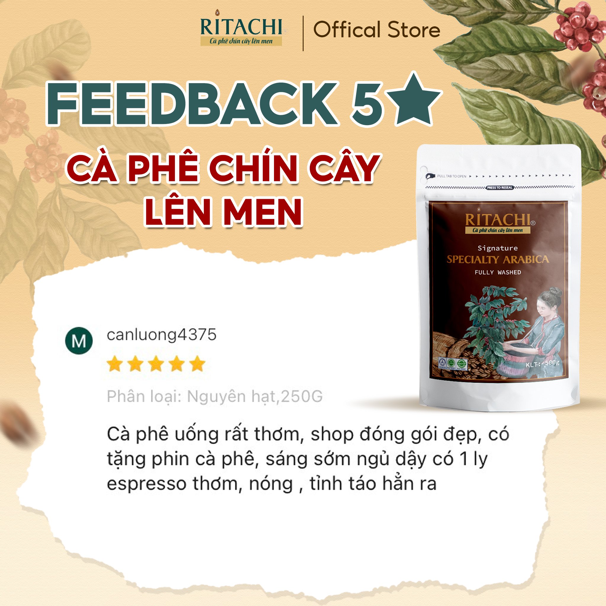 Cà phê Robusta Ritachi, Xuất Khẩu, Cà Phê Nguyên Chất, Chín Cây Lên Men, Ritachi Specialty Robusta 250gr