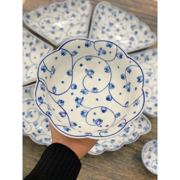 Set hoa mặt trời 15 món men lam, hoạ tiết hoa Sen dây- Phù dung me vẽ thủ công. Gốm sứ Bát Tràng.