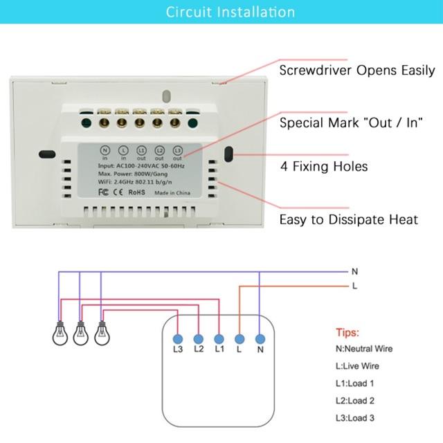 Công tắc cảm ứng thông minh cao cấp Tuya Smart Life - Công tắc cảm ứng 1 đến 4 nút kết nối Wifi và Bluetooth-Cần dây N