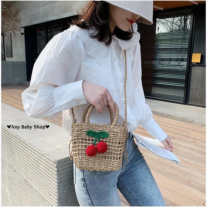Túi cói đi chơi,đi biển đeo chéo-có quai xách hình cherry 2 màu cực xinh