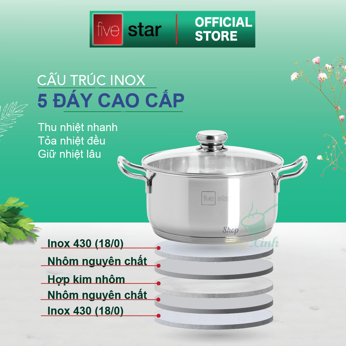 Bộ Nồi 5 Đáy Cao Cấp Bếp Từ Fivestar FSB55D001 Nắp Kính Inox 430 ( 1 quánh16cm x N18cm x N20cm x N24cm x C 24cm ) , tặng 1 vá canh