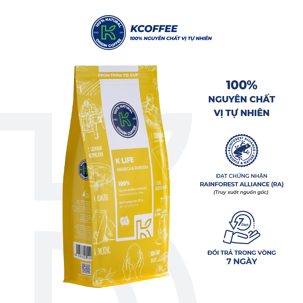 Cà phê rang xay 100% nguyên chất Robusta Arabica xuất khẩu K-Life thương hiệu K Coffee (227g/gói)