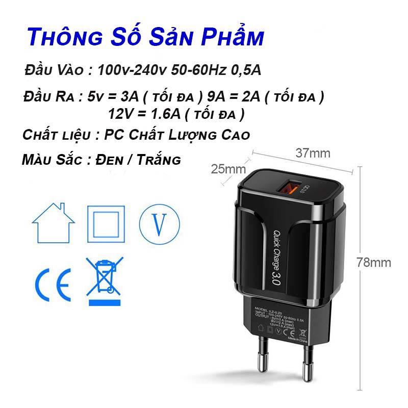 Củ Sạc Nhanh 20W Cao Cấp Quick Charge 3.0 Đen Trắng Hỗ Trợ Sạc Nhanh Cho Điện Thoại Android Phụ Kiện Tai Nghe Bluetooth Cáp Sạc Pin Dự Phòng - ML033