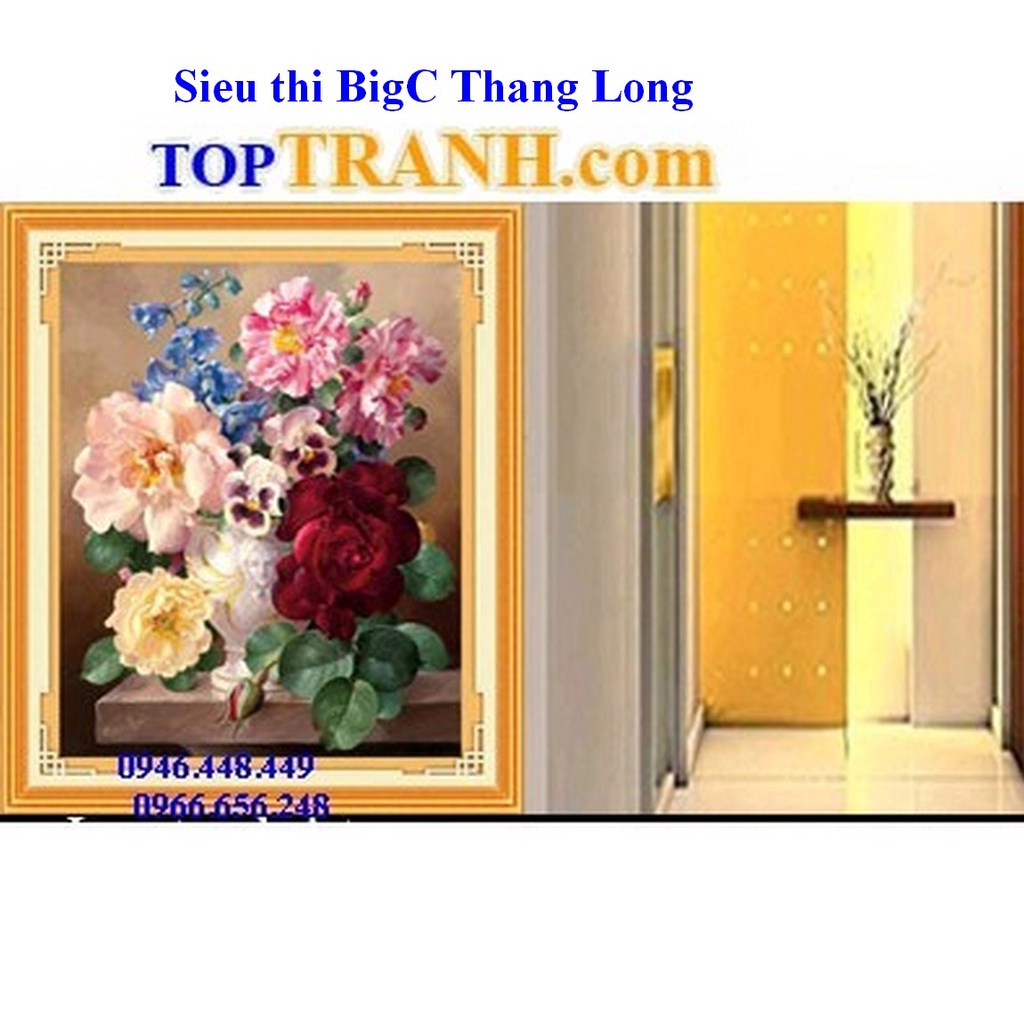 Tranh thêu chữ thập bình hoa hồng mẫu đơn A1051 chưa thêu