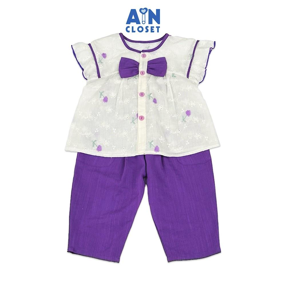 Bộ quần áo dài tay ngắn bé gái họa tiết hoa Bách Nhật tím cotton thêu - AICDBGDJYZE1 - AIN Closet