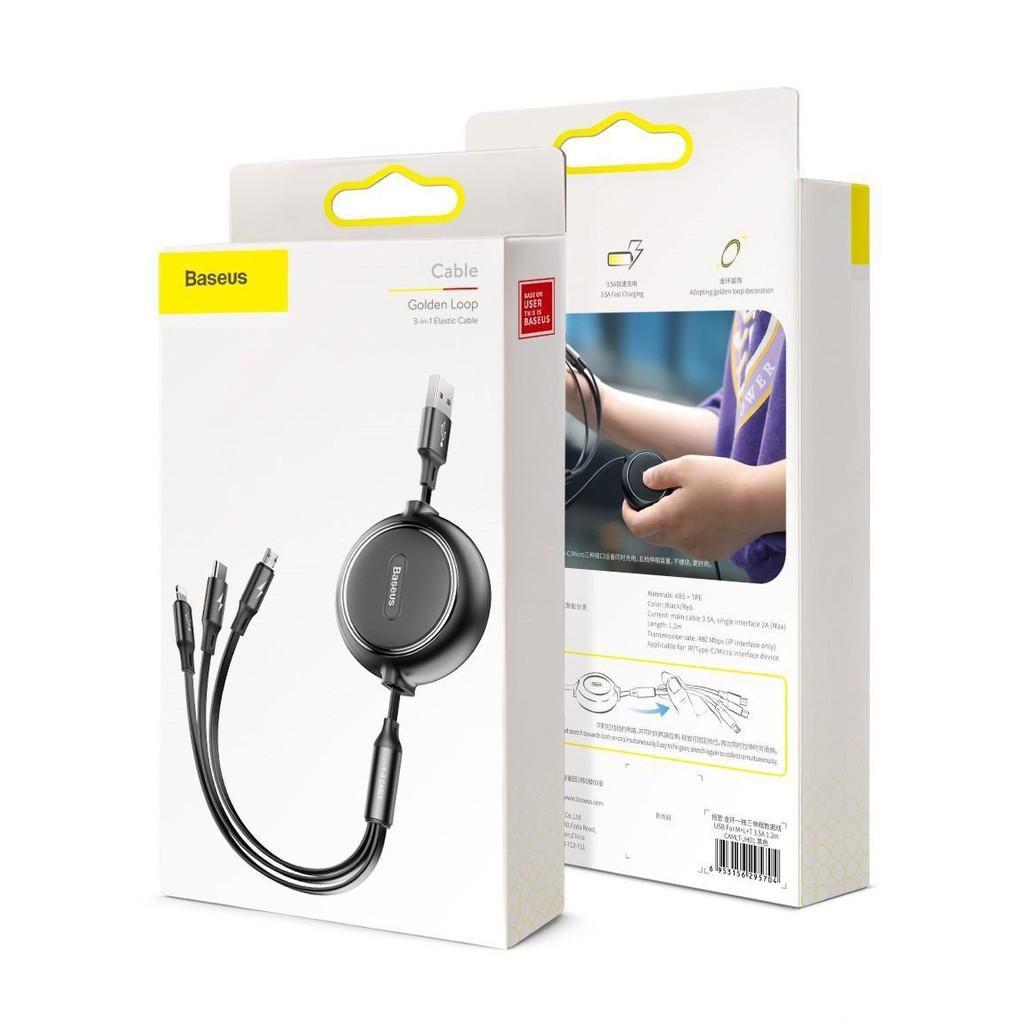 Cáp sạc dây rút 3 đầu Baseus Golden Loop Elastic 3 in 1- Hàng chính hãng.
