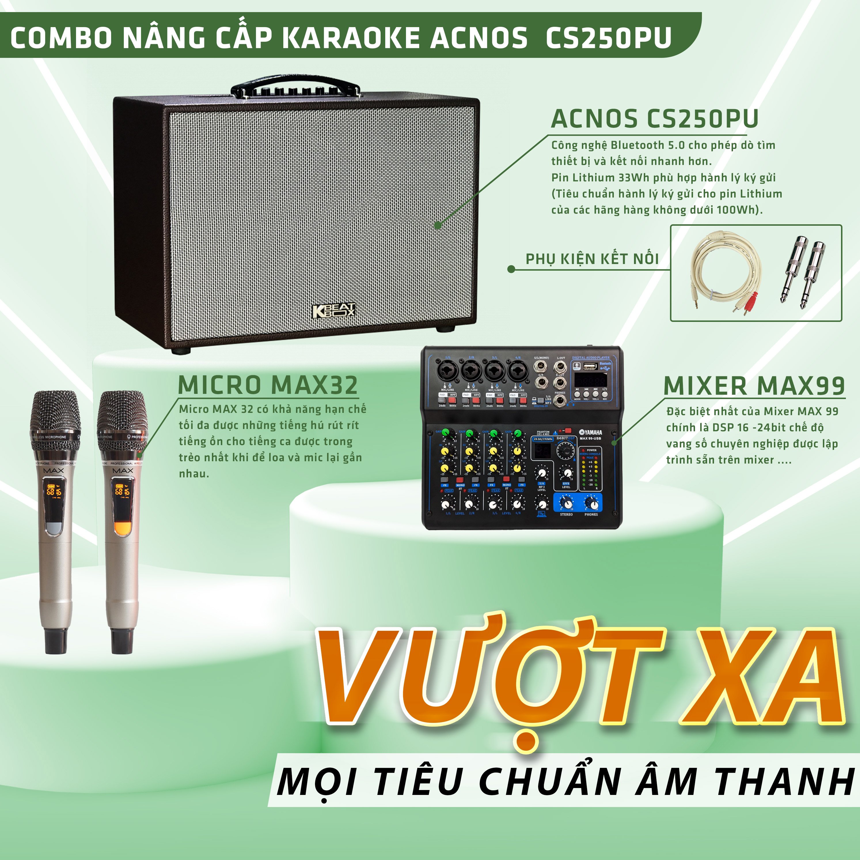 Combo loa kéo CS250PU, Mixer Max 99, Micro max 32 - Kết hợp hoàn hảo nâng cấp âm thanh, cải thiện giọng hát một cách tối ưu nhất - Tặng kèm dây kết nối 3.5 ra hoa sen và 2 jack hoa sen ra 6 ly - Hàng chính hãng