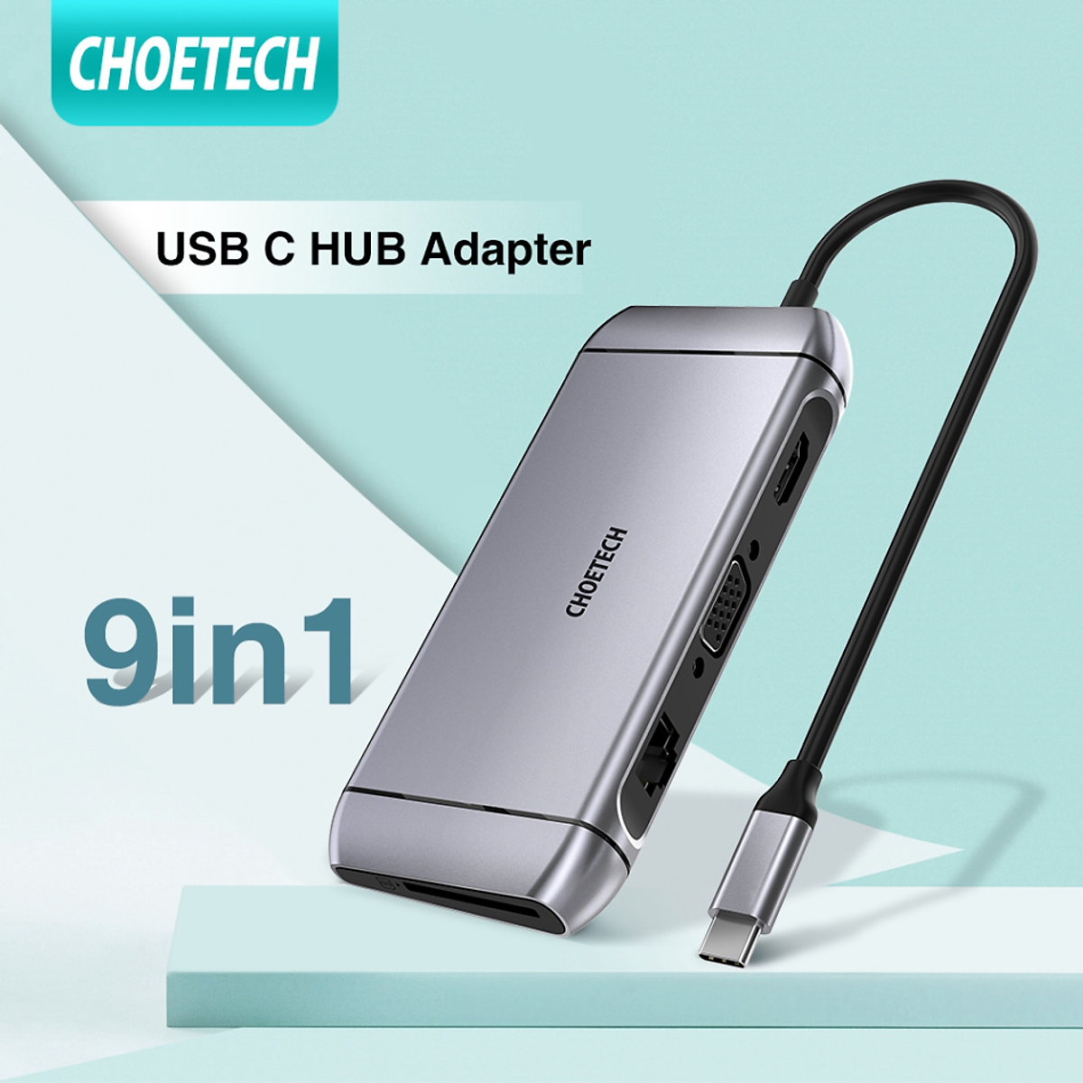 HUB Type C To HDMI 4K/ PD 100W/ USB 3.0/ Rj45 Ethernet/ VGA/ TF/ SD CHOETECH HUB-M15 Tương Thích Thunderbolt 3 (9 in 1) - Hàng Chính Hãng