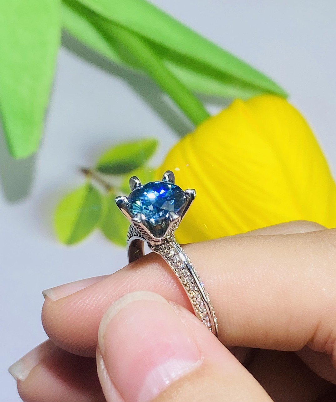 Phụ kiện đeo ngón tay Bạc 925 xi Kim viên chủ Kim Cương nhân tạo Moissanite Xanh hạt 1.5carat - R15.13