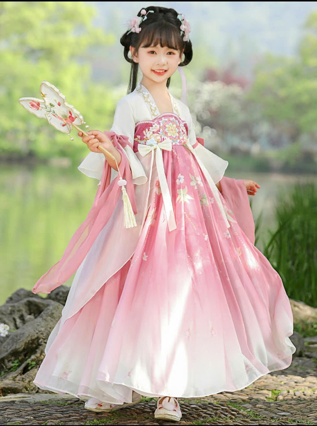 Đầm váy công chúa cổ trang hanfu thêu hoa cho bé gái diện lễ tết trung thu đẹp size 100-160 hàng Quảng Châu