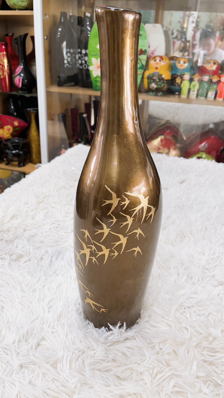 Bình Gốm phủ Sơn Mài Cao Cấp họa tiết đàn chim én size 40x12 cm