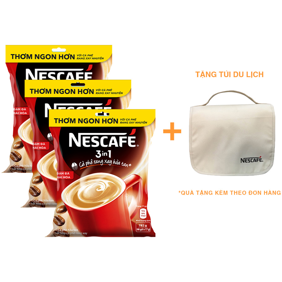 Combo 3 cà phê rang xay hòa tan Nescafé 3in1 đậm đà hài hòa (Bịch 46 gói x 17g) [Tặng túi du lịch đa năng]