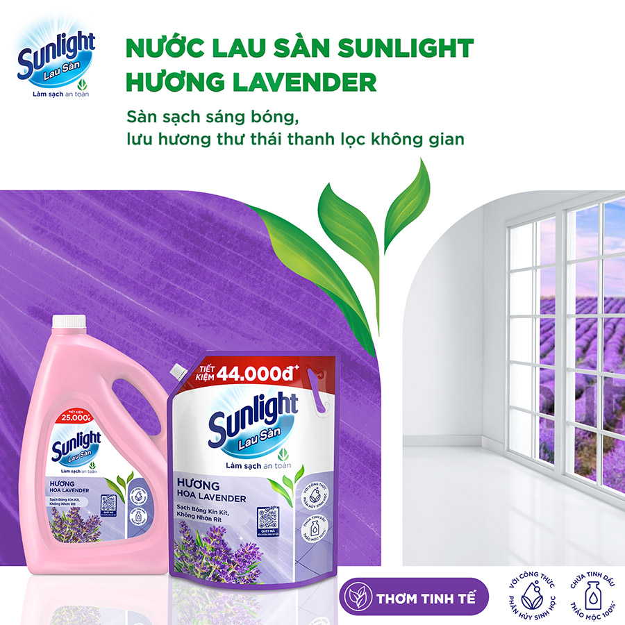 Nước lau sàn Sunlight Hoa Lavender Túi 3.6kg | Tinh dầu Thảo mộc 100% | Hương thơm tinh tế